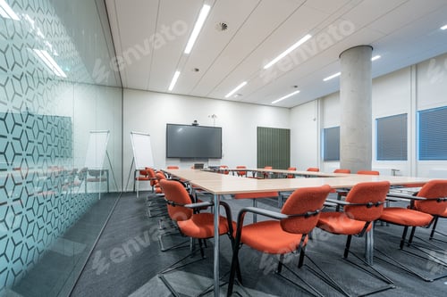 Preview: Conference room interior of a modern office with white walls and a monitor