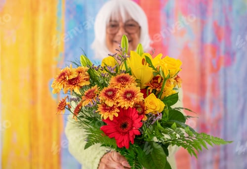 Preview: International Women's Day. Blurred happy senior white-haired woman holding a bouquet of flowers