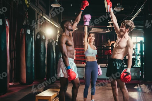 Preview: Asian woman training kick boxing with punching glove, fitness woman with physical exercising trainer