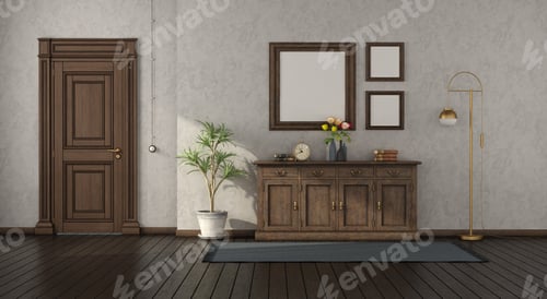 Preview: Retro home entance with wooden sideboard and closed door