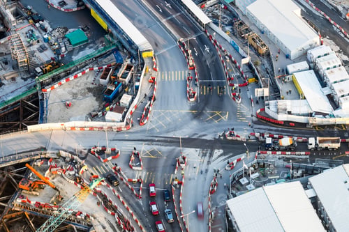 Preview: Aerial view of busy crossroad with moving cars. Hong Kong