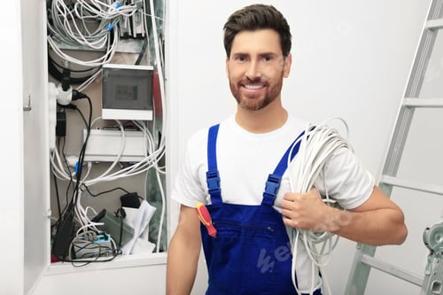 Preview: Smiling electrician with wires near open fuse box indoors