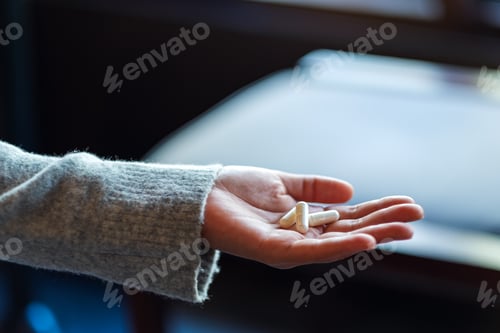 Preview: Closeup image of a woman holding white medicine capsules in hand