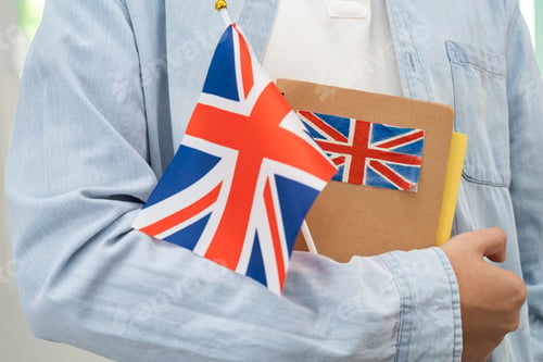 Preview: Learn English language, Asian teenage student hold book with flag in course at school.