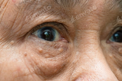 Preview: Asian elderly woman face and eye with wrinkles, portrait closeup view.