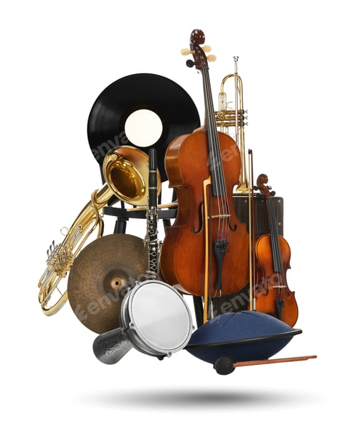Preview: Different musical instruments in air on white