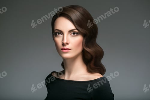 Preview: Beautiful woman with curly hairstyle portrait over gray background. Female young beauty model