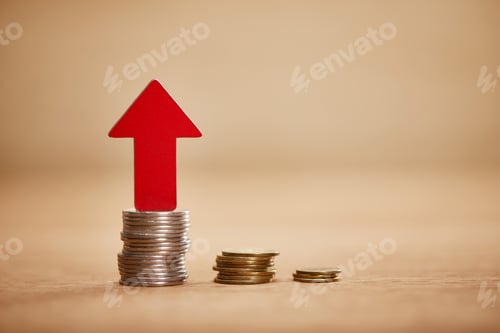 Preview: increasing chart made of coins with red arrow upwards, financial growth concept