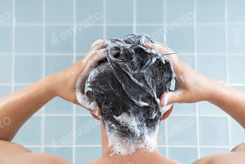 Preview: Male hands wash their hair with shampoo and foam on blue background, rear view.