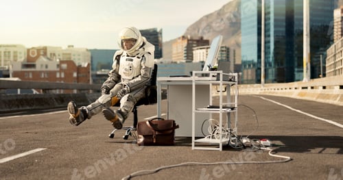 Preview: Computer, city and astronaut working in road for business project with interstellar report for miss
