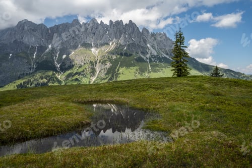 Preview: Mountain pond with Wilder Kaiser range reflecting in water, Tirol - Austria