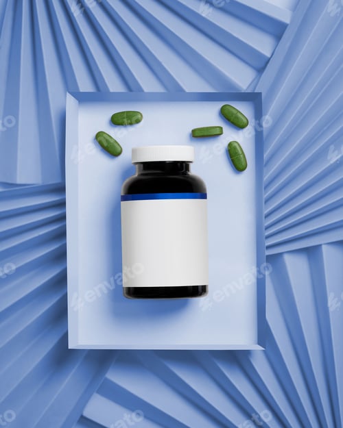 Preview: Vitamin jar with green pills on blue background with copyspace