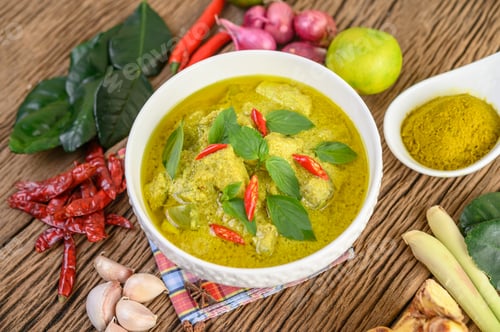 Preview: Green curry in a bowl and spices on wooden table.