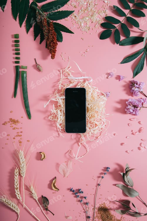 Preview: Spring background with phone. Flat lay
