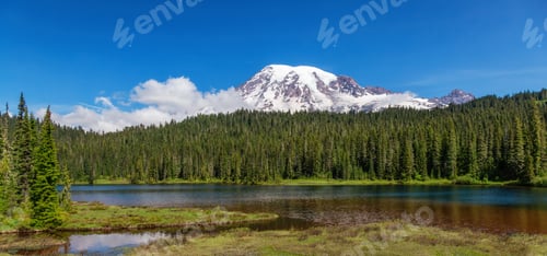 Preview: Reflection Lake with Mt Rainier in the background. Sunny summer day.