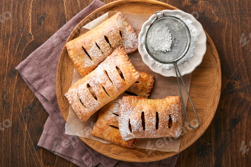 Preview: Hand pies. Mini puff pastry or hand pies stuffed with apple and sprinkle sugar powder in wooden plat