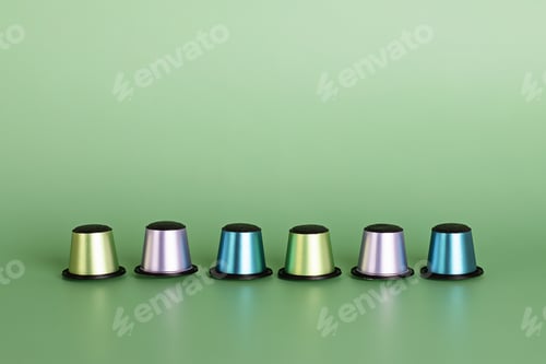 Preview: Disposable coffee capsules over green background with copy space. Morning dose of caffeine, energy