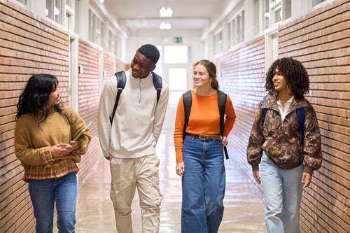 Preview: Happy students walking and talking in university corridor