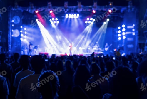 Preview: Silhouettes of crowd, group of people, cheering in live music concert in front of stage lights.