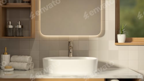 Preview: Mirror aside shelf and window on tiles wall over ceramic sink marble counter with towels in bathroom