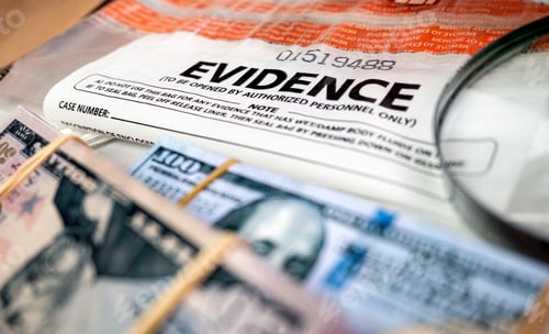 Preview: Evidence bag next to dollar banknotes in a crime investigation unit, concept image