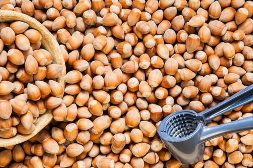 Preview: Stack of hazelnuts and nutcracker