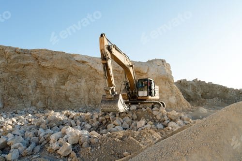 Preview: Excavator machine working at open pit mine, breaking and loading rocks on construction site