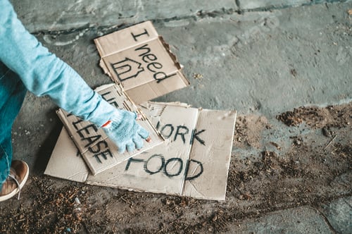 Preview: Begging under the bridge with the message will work for food and message I need home.
