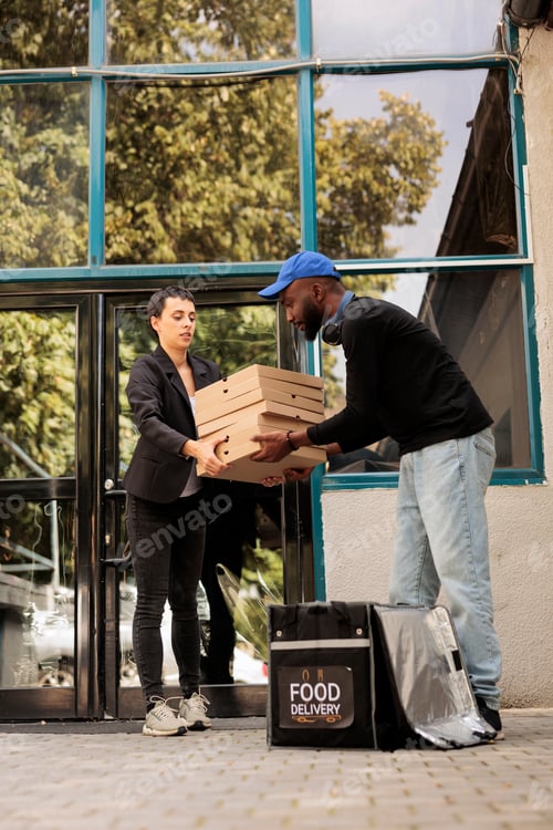 Preview: Pizzeria deliveryman passing client pizza boxes huge stack