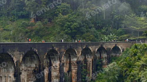 Preview: Tourists walk on stone bridge in jungle. Action. People walk on ancient stone bridge in rainforest