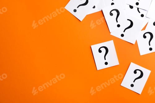 Preview: Paper notes with question marks on orange background, flat lay. Space for text