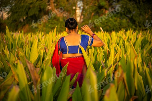 Preview: Happy woman walking in the turmeric field.