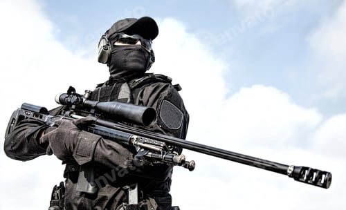 Preview: Police tactical group sniper with rifle in hands