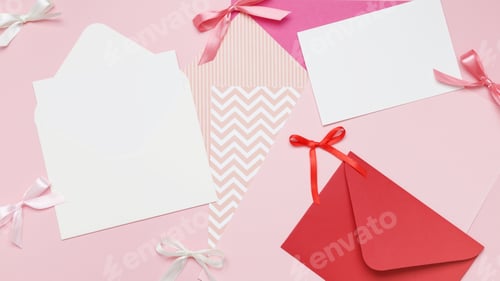 Preview: Composition with envelopes and blank cards. Invitation to celebration, handwritten response to gift