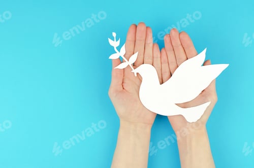 Preview: Paper dove with a twig in female hands. A symbol of peace