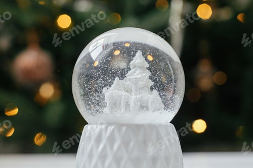 Preview: Merry Christmas! Atmospheric time. Stylish christmas snow globe against christmas tree in lights