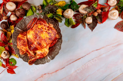 Preview: Hot whole roasted chicken on a plate horizontal with Thanksgiving table served