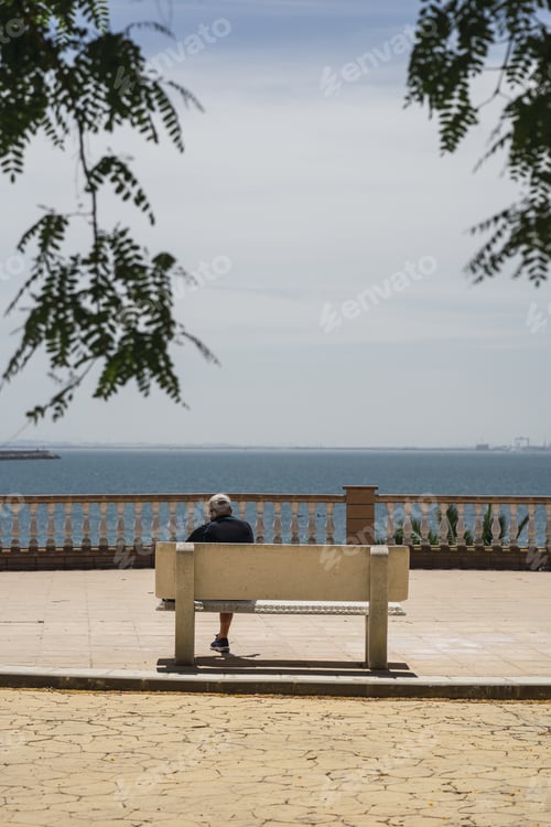 Preview: Lonely old man sitting on a stone bench in a sunny park overlooking the sea
