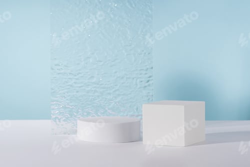 Preview: Acrylic plate, podium, background for cosmetic product packaging on blue backdrop with stylish props