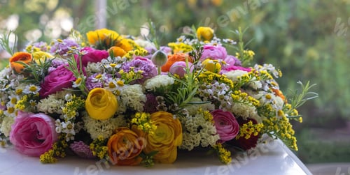 Preview: Fresh flower wreath bouquet decoration on a marble table, close up. Spring, garden nature.