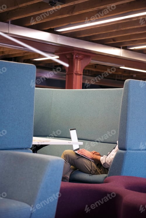 Preview: Side view of man in booth using laptop