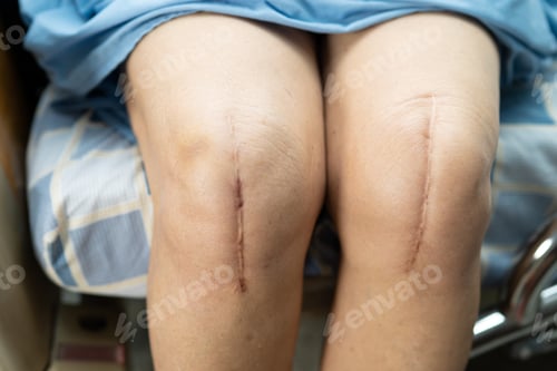 Preview: Asian senior woman patient show her scars surgical total knee joint replacement Suture wound surgery