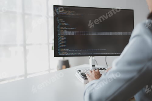 Preview: Female programmer typing on computer keyboard, programmer designing custom computer programming, cod