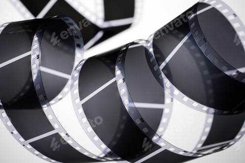 Preview: Coiled black and white 35mm photographic film strip with blank frames.