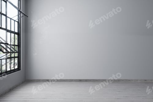 Preview: Empty room for mockup. Empty room with light gray wall and wooden floor. Loft. 3d rendering