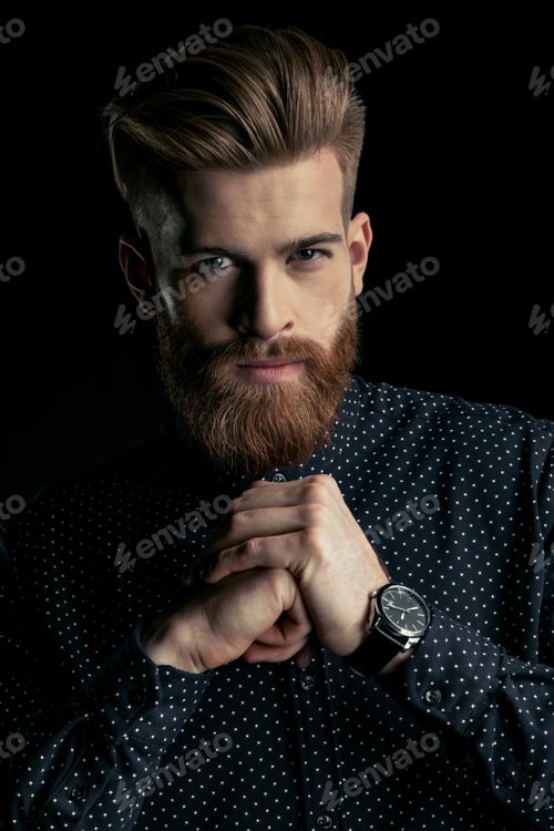 Preview: Handsome stylish bearded man with wristwatch looking at camera