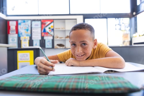 Preview: Biracial boy smiles while studying at school