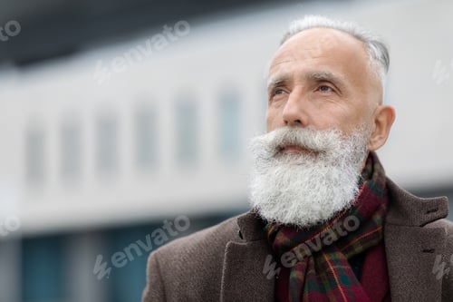 Preview: Handsome grey-haired senior man outdoors, looking at copy space