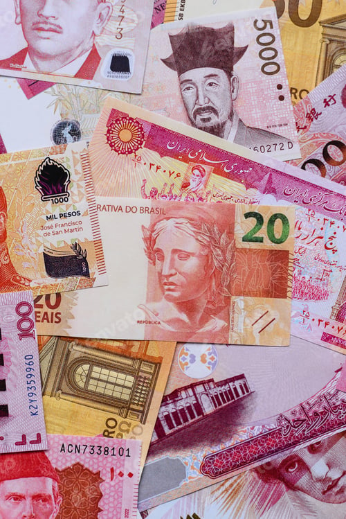Preview: Money background, currency exchange, paper banknotes from different countries. Money cash currency