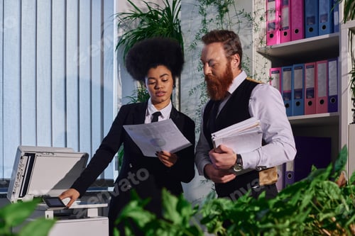 Preview: african american businesswoman with bearded colleague working with documents near copier in office